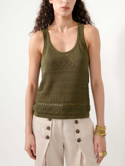 Khaki open-knit knit tank top