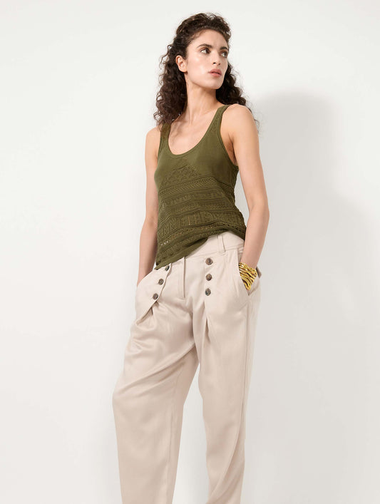 Khaki open-knit knit tank top