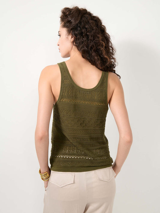 Khaki open-knit knit tank top
