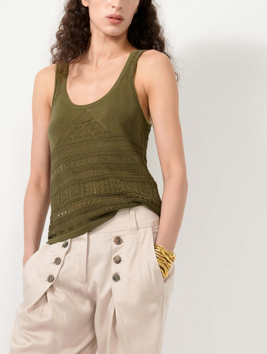 Khaki open-knit knit tank top