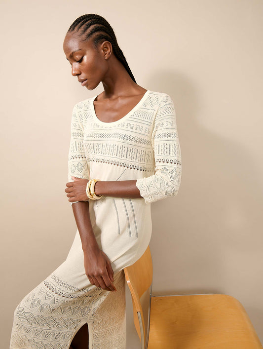 Robe longue fendue en maille sable