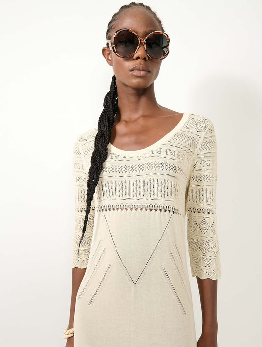 Robe longue fendue en maille sable