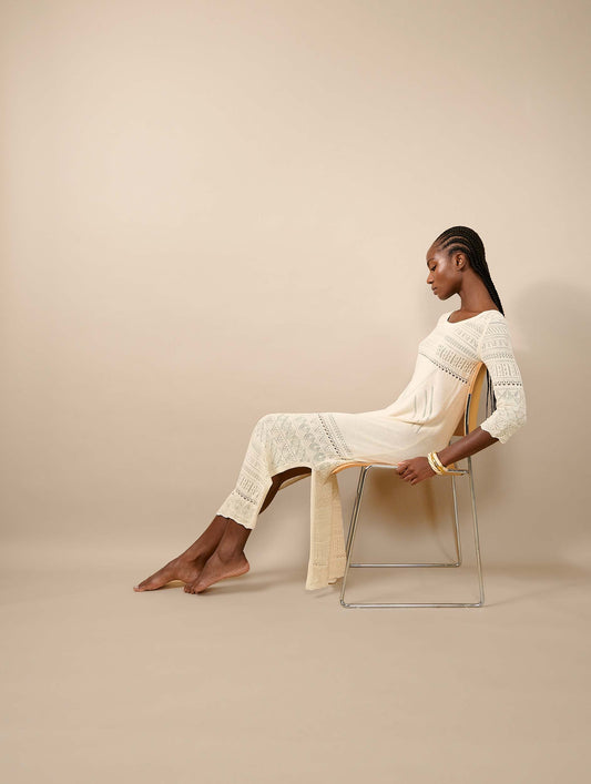 Robe longue fendue en maille sable