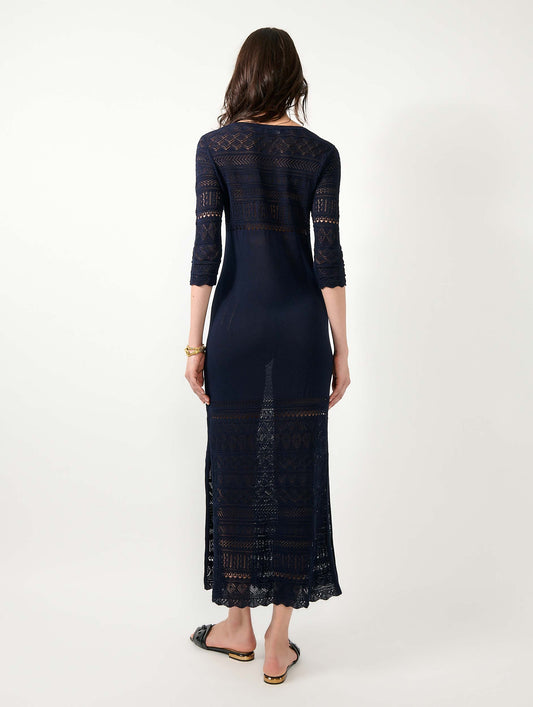 Robe longue fendue en maille navy