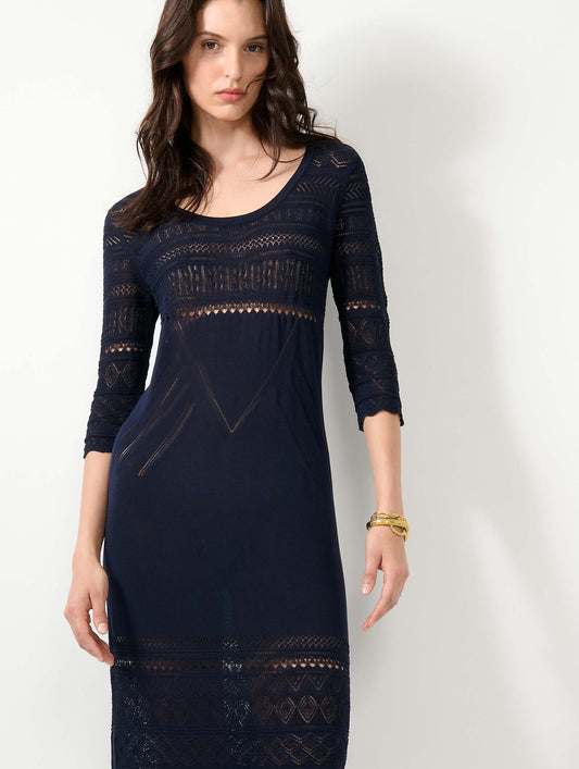 Robe longue fendue en maille navy