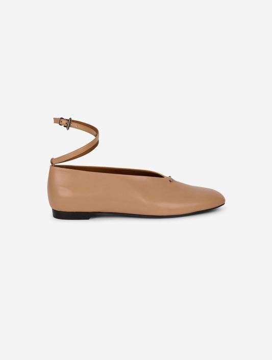 Camel leather ankle-strap ballet flats
