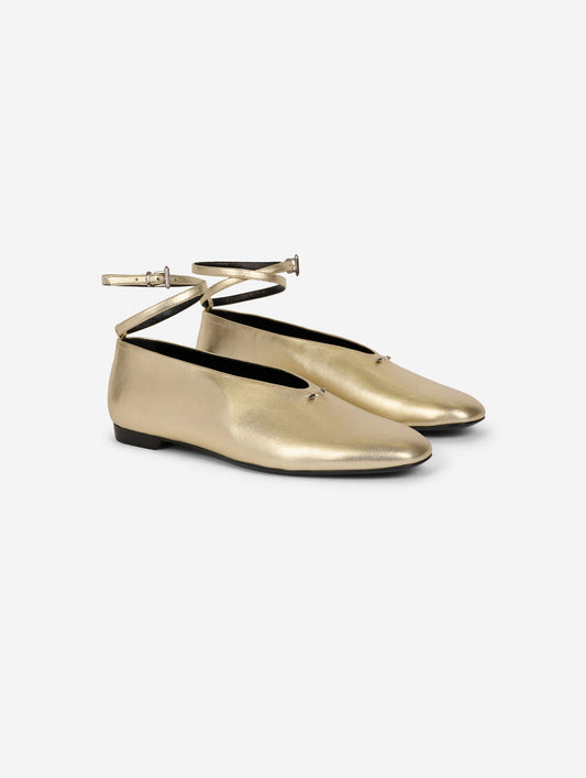 Gold leather ankle strap ballet flats