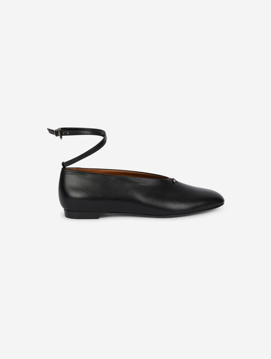 black leather ankle strap ballet flats