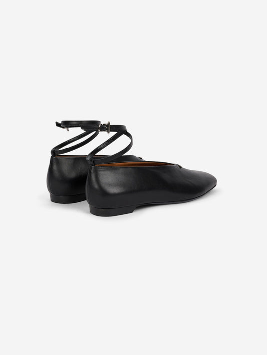 black leather ankle strap ballet flats