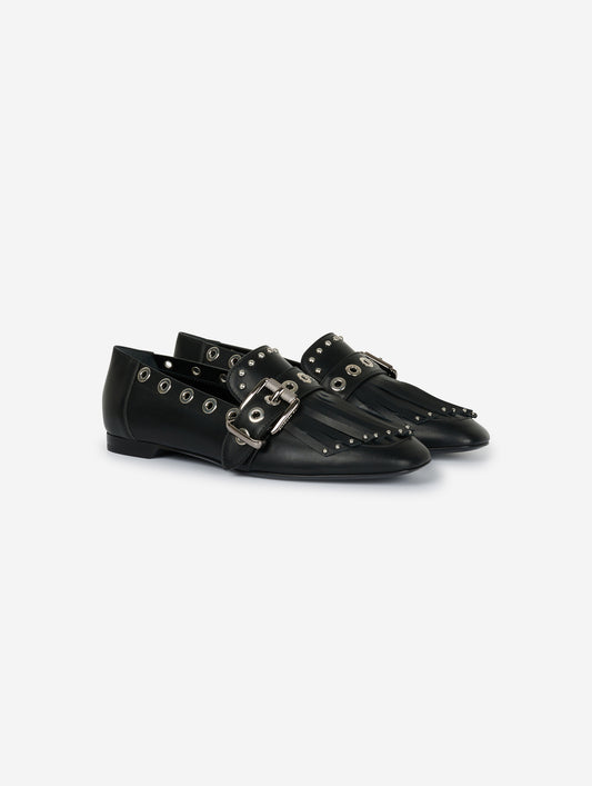 Black leather fringed and studded loafers