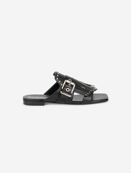 Mules à franges et clous en cuir noir