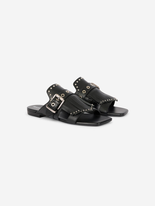 Mules à franges et clous en cuir noir