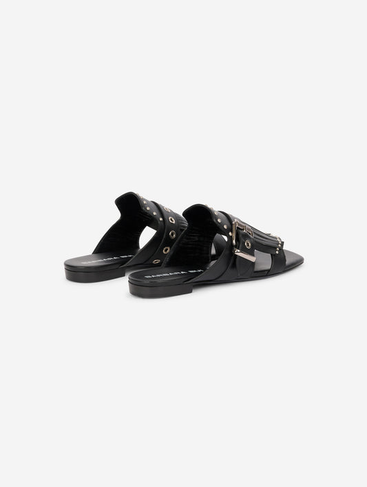 Mules à franges et clous en cuir noir