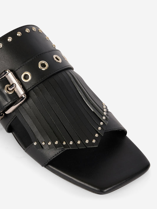 Mules à franges et clous en cuir noir
