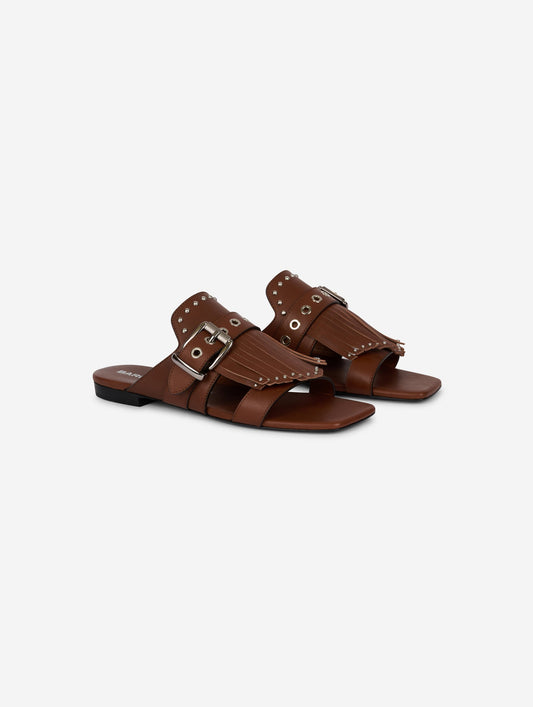Mules à franges et clous en cuir chocolat