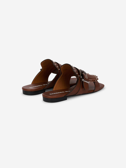 Mules à franges et clous en cuir chocolat
