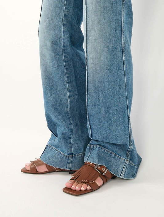 Mules à franges et clous en cuir chocolat