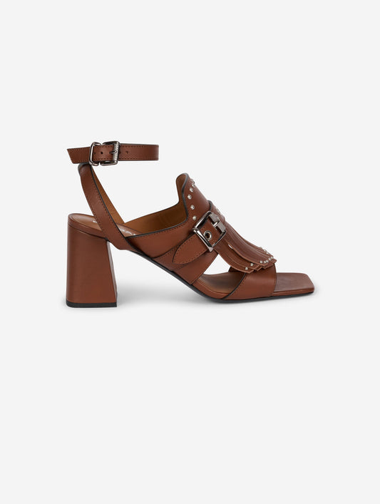 Chocolate leather fringed and studded sandals