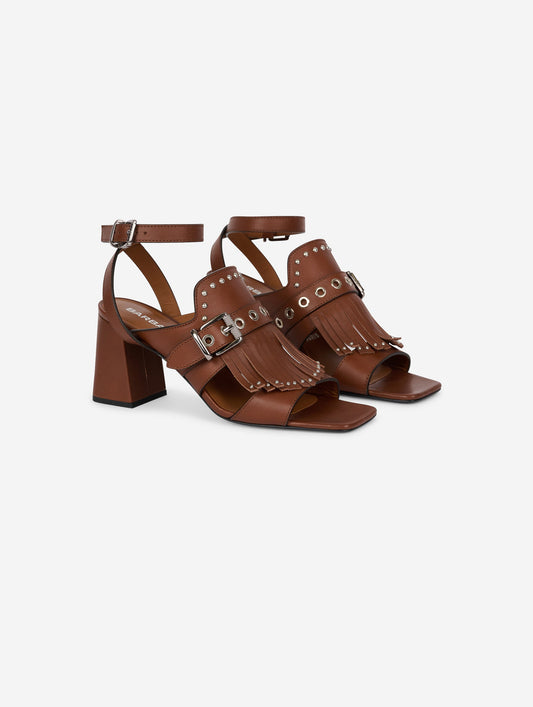 Chocolate leather fringed and studded sandals