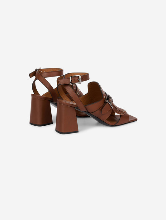 Chocolate leather fringed and studded sandals