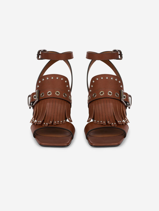 Chocolate leather fringed and studded sandals