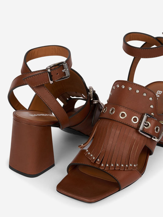 Chocolate leather fringed and studded sandals