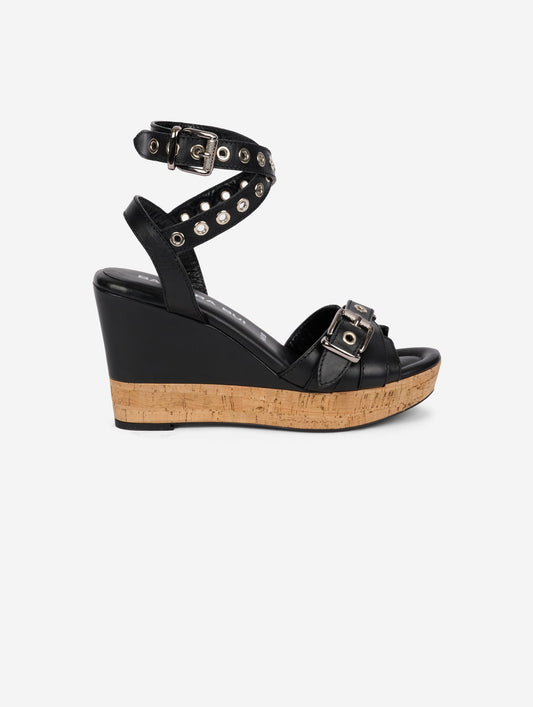 Sandales compensées en cuir noir et liege