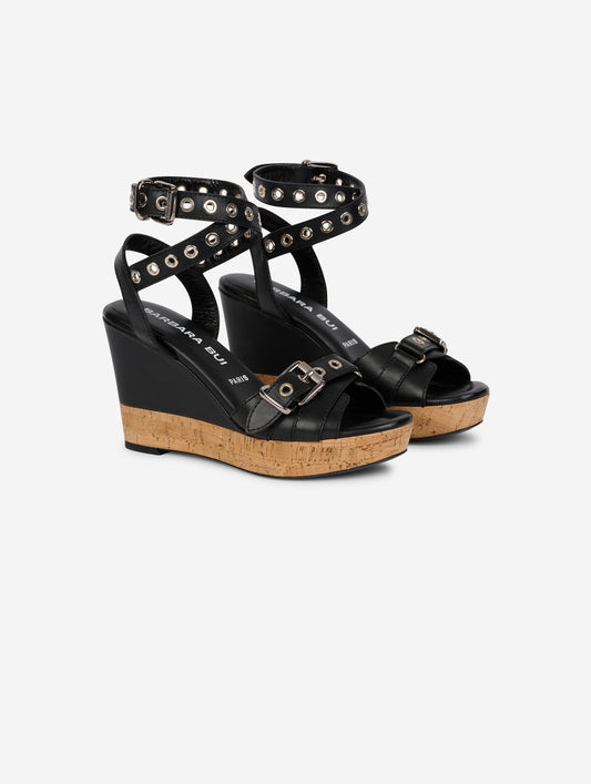 Sandales compensées en cuir noir et liege