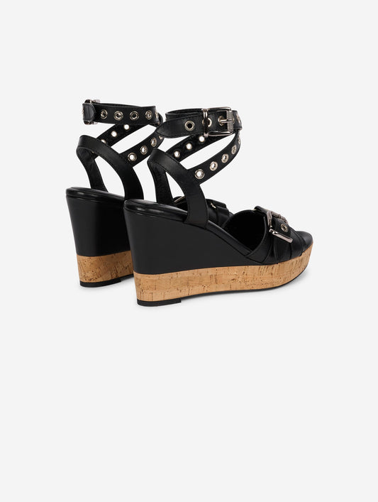 Sandales compensées en cuir noir et liege