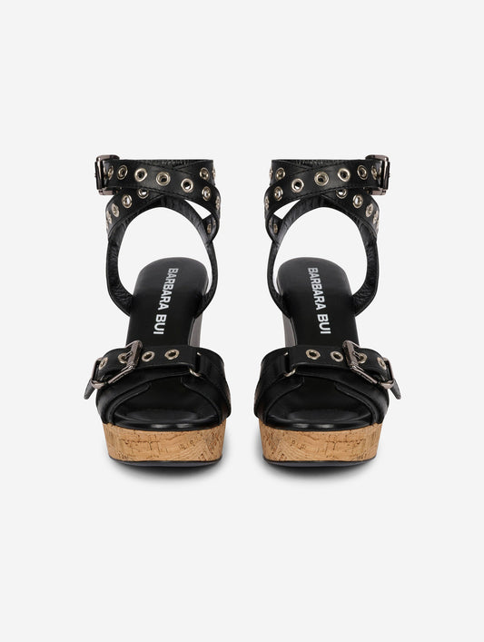 Sandales compensées en cuir noir et liege