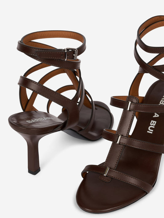 Coffee leather gladiator sandals with thin straps