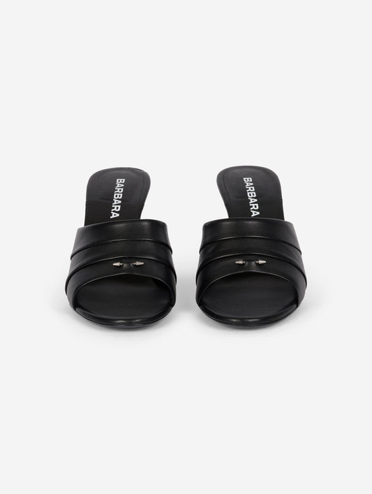 Black leather pleated mules