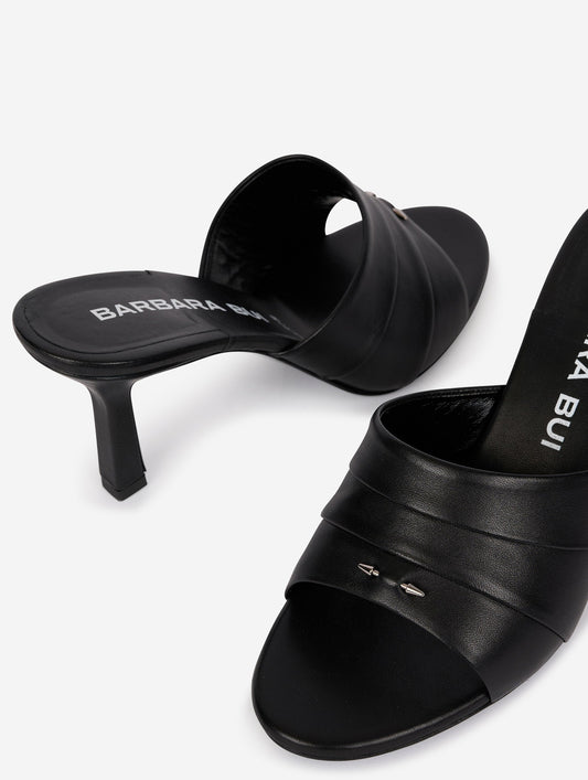 Black leather pleated mules