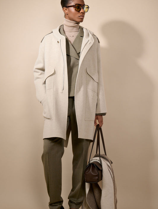 Greige double-faced wool and cashmere parka