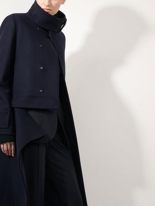 Navy wool cloth coat with detachable panel