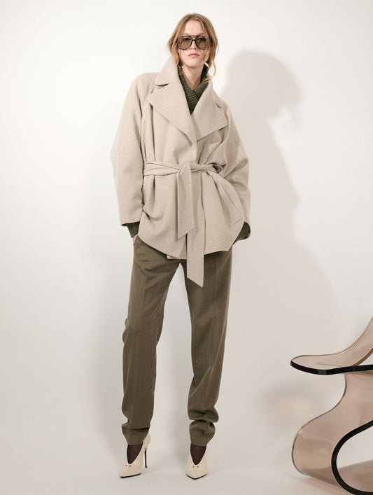 Greige double-faced wool and cashmere coat