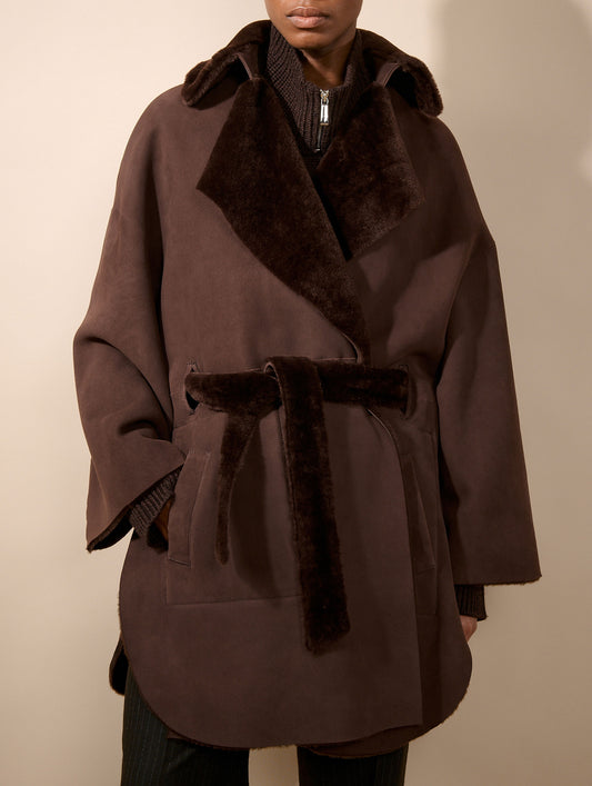 Manteau en peau lainée réversible chocolat