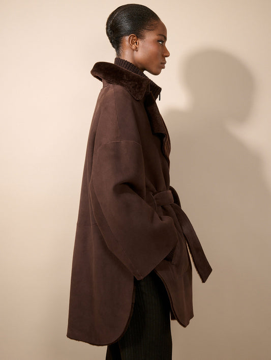 Manteau en peau lainée réversible chocolat