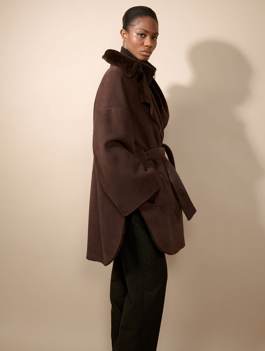 Manteau en peau lainée réversible chocolat