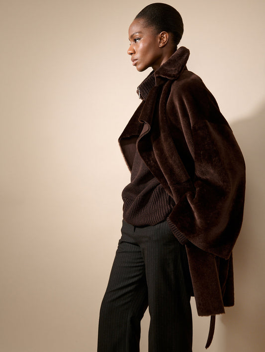 Manteau en peau lainée réversible chocolat