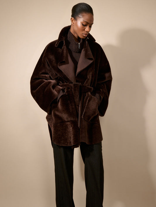 Manteau en peau lainée réversible chocolat