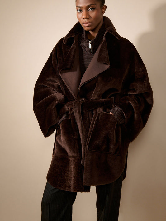 Manteau en peau lainée réversible chocolat
