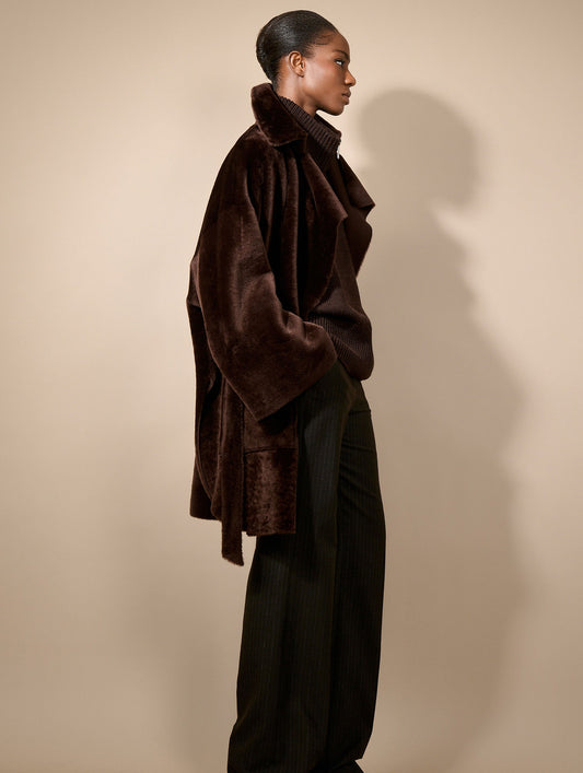 Manteau en peau lainée réversible chocolat