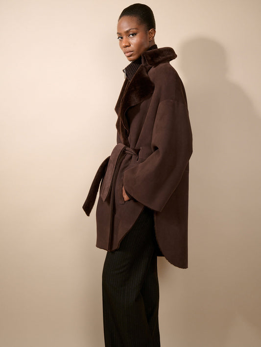 Manteau en peau lainée réversible chocolat