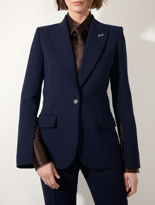 Veste cintrée à manches zippées en crepe indigo