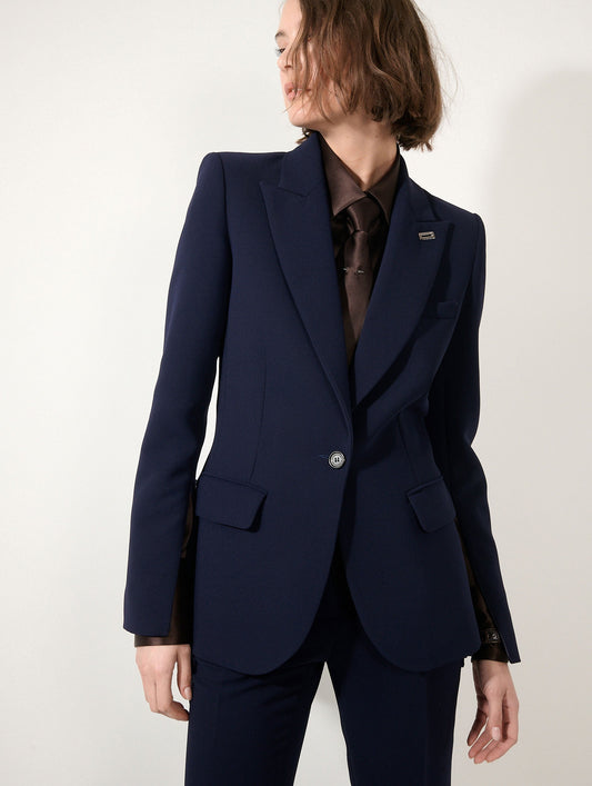 Veste cintrée à manches zippées en crepe indigo