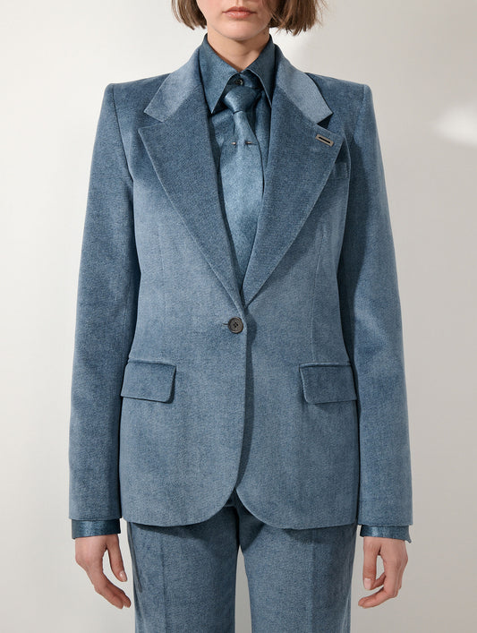 Veste cintrée en velours bleu stoné