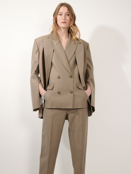 Veste droite en sergé de laine et soie greige