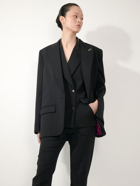 Veste droite oversize en gabardine de laine noire