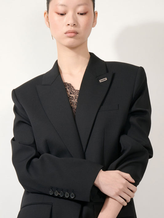 Veste droite oversize en gabardine de laine noire
